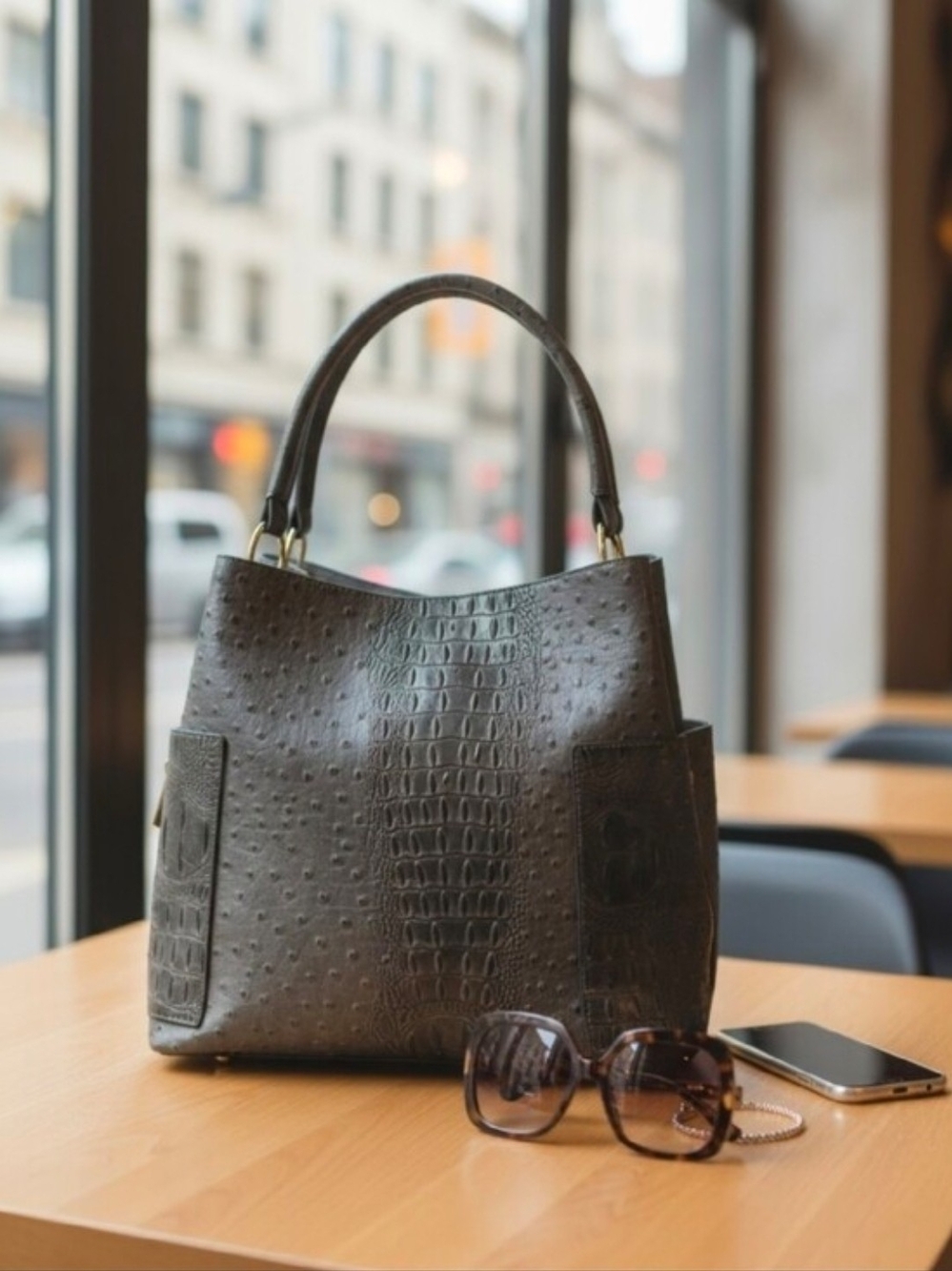 Classic Textured Tote Handbag in Dark Brown